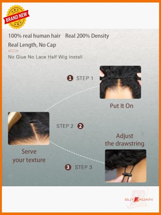 100% Human Hair Water Wave Glueless Half Wig 3 in 1 Drawstring Seamless Clip Ins main image 5